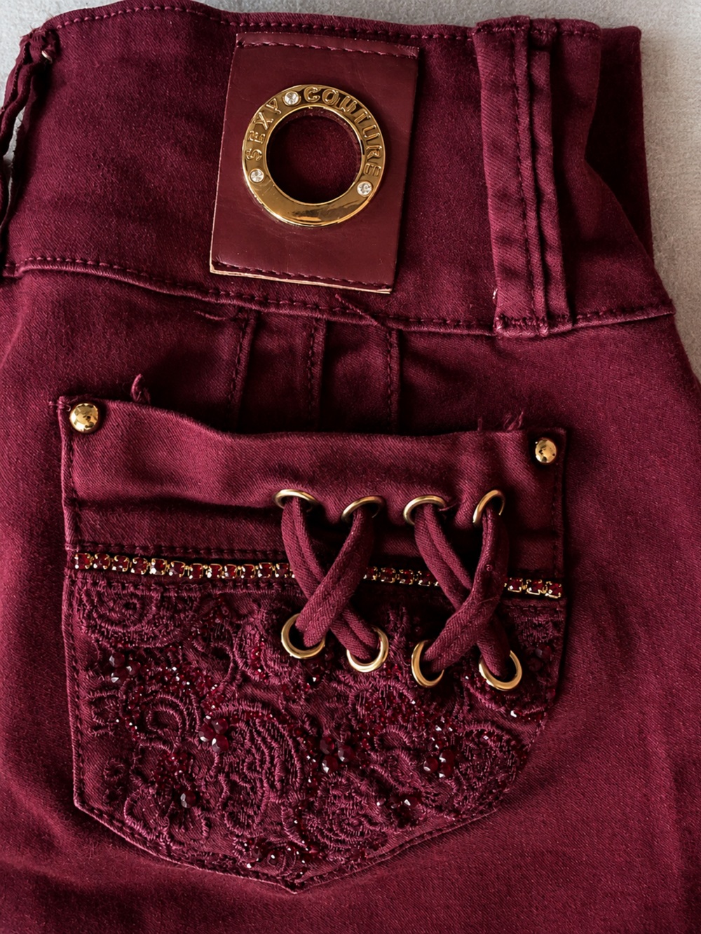 Sexy Couture Burgundy Embellished Lace -Up Skinny Jeans Y2K Western Glam